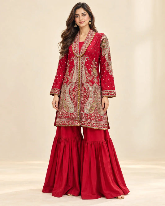 Red Embroidered Viscose Shirt with Gharara 2 Pc