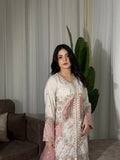 Ivory Embroidered 3 Piece Suit with Pink Satin Applique and Printed Plazo