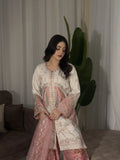 Ivory Embroidered 3 Piece Suit with Pink Satin Applique and Printed Plazo
