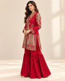 Red Embroidered Viscose Shirt with Gharara 2 Pc