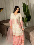 Ivory Embroidered 3 Piece Suit with Pink Satin Applique and Printed Plazo