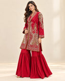 Red Embroidered Viscose Shirt with Gharara 2 Pc