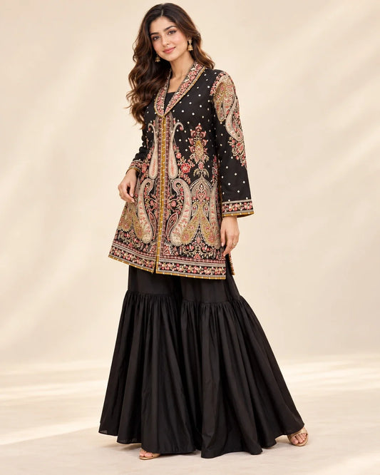 Black Embroided Viscose Shirt with Gharara 2 Pc