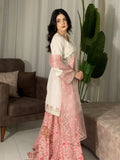 Ivory Embroidered 3 Piece Suit with Pink Satin Applique and Printed Plazo