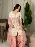 Ivory Embroidered 3 Piece Suit with Pink Satin Applique and Printed Plazo