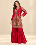 Red Embroidered Viscose Shirt with Gharara 2 Pc