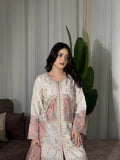 Ivory Embroidered 3 Piece Suit with Pink Satin Applique and Printed Plazo