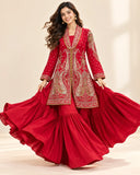 Red Embroidered Viscose Shirt with Gharara 2 Pc