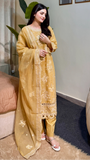 Zarif embroidered cotton 3 piece suit in mustard color for women