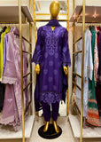 Purple Embroidered Cotton 3PC Suit with Organza Dupatta