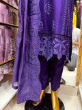 Purple Embroidered Cotton 3PC Suit with Organza Dupatta