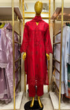 Elegant Red Cotton 3 Piece Embroidered Cutwork Suit with Plain Trouser & Self Organza Dupatta