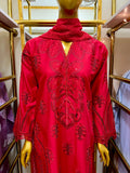 Elegant Red Cotton 3 Piece Embroidered Cutwork Suit with Plain Trouser & Self Organza Dupatta