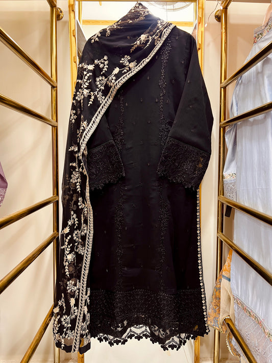 Luxury Black Chiffon Embroidered 3PC Suit with Raw Silk Trouser