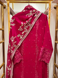 Luxury Magenta Chiffon Embroidered 3PC Suit with Raw Silk Trouser