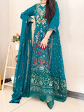 Luxury Emerald Green Embroidered Formal Gown with Dupatta – Festive Wedding Wear