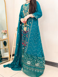 Luxury Emerald Green Embroidered Formal Gown with Dupatta – Festive Wedding Wear