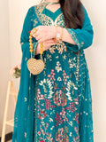 Luxury Emerald Green Embroidered Formal Gown with Dupatta – Festive Wedding Wear