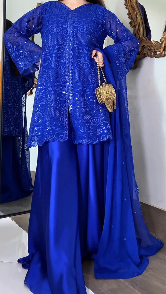 Noir Luxe – Royal Blue Heavy Embroidered Chiffon 3 Piece Suit