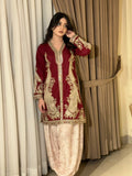 Rukhsar – Maroon Zari Embroidered Open-Front Kurta with Blush Tulip Shalwar | 2 Pc Luxury Pret
