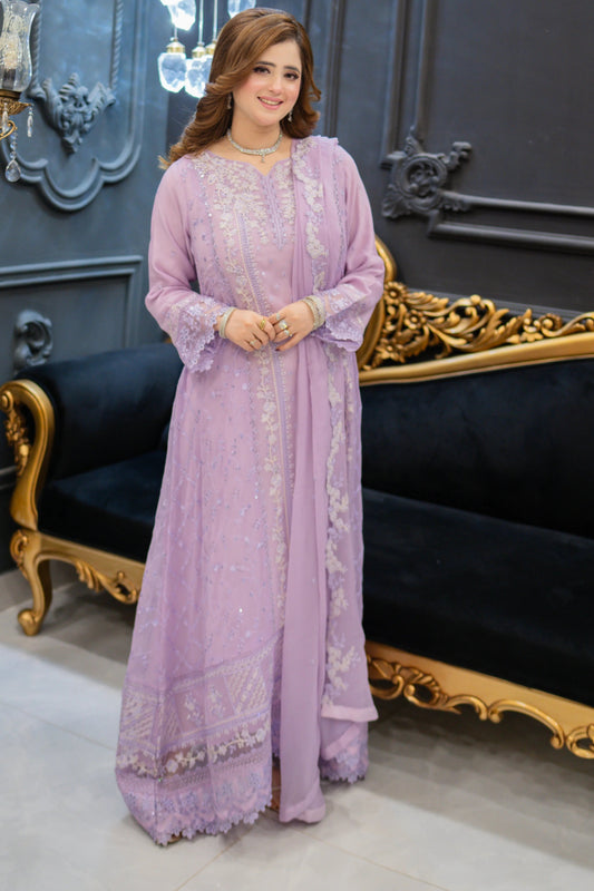 Lavender Luxe Embroidered Chiffon 3-Piece Stitched Suit – Formal Eid & Festive Wear
