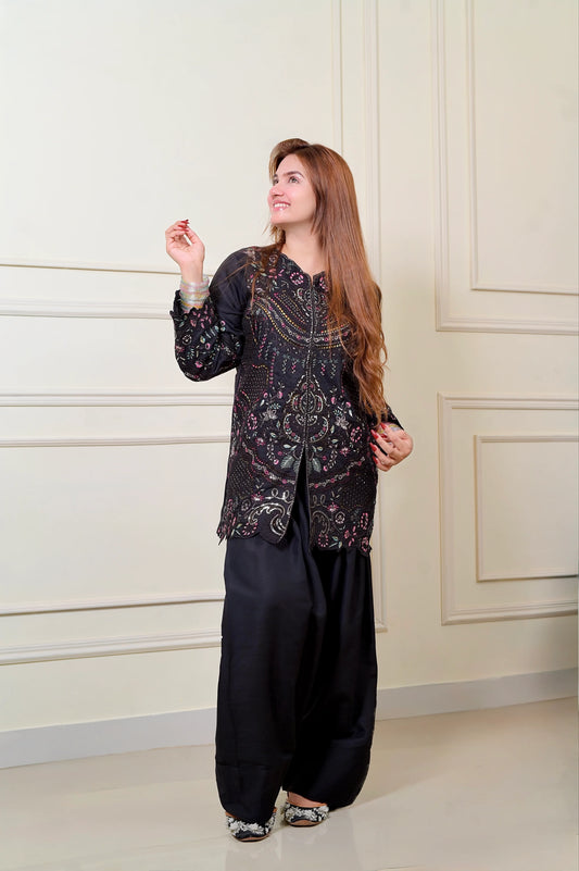 Sitara – Black Chikankari Embroidered Viscose Short Shirt with Farshi Shalwar | 3Pc