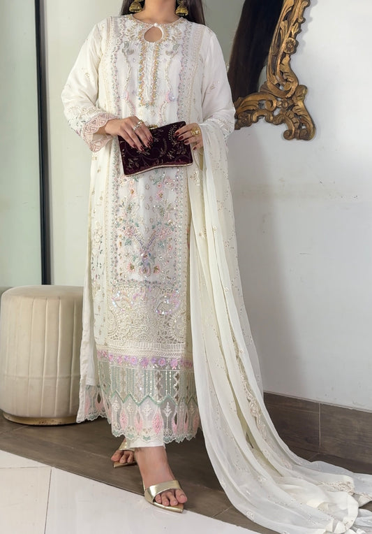 Anaya Ivory Embellished Chiffon 3-Piece Suit | Cotton Silk Inner & Raw Silk Trouser
