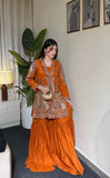 Rust Orange Embroidered Viscose Shirt with Gharara – 2 Pc