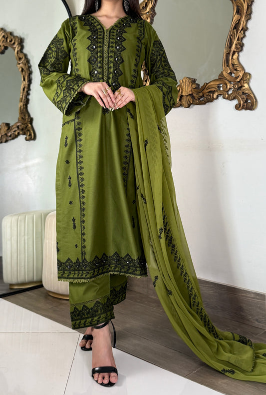 GREEN ORNATE-3PC COTTON EMBROIDERED SUIT
