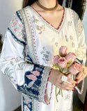 Ivory kaftan bishop sleeve navy embroidery detail