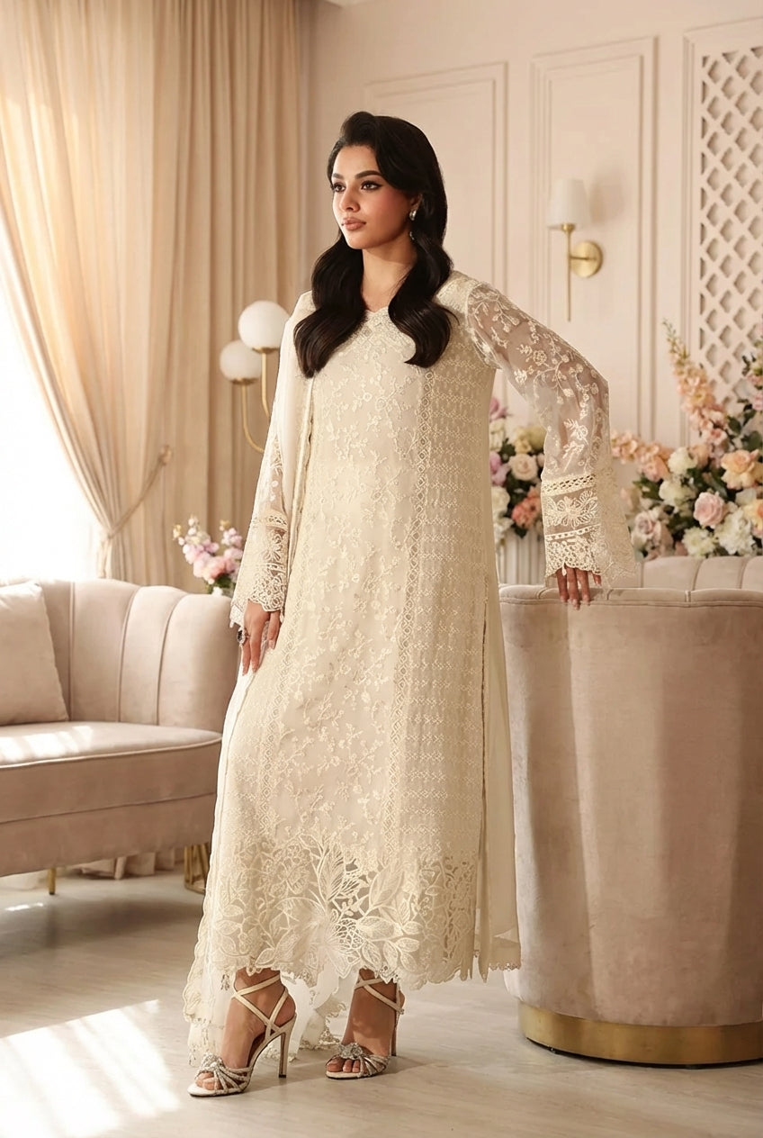 Full outfit styling: stitched 3‑piece ensemble with chiffon dupatta and culottes