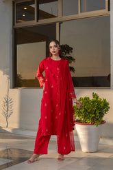 Noor-e-Zard Luxury Red Embroidered Cotton 3-Piece Suit – Eid Festive Collection by Fabric Emporium
