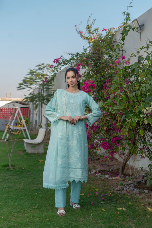 Zarif Embroidered Mint Cotton Ensemble 3 PCS