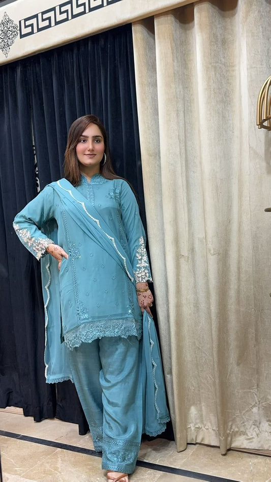 Festive Royale – Zareen Mist | Teal Grey Farshi Shalwar 3-Piece Suit