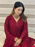 Noir Luxe – Red Heavy Embroidered Chiffon 3 Piece Suit