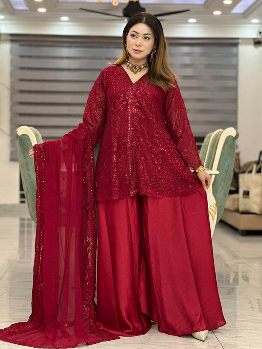 Noir Luxe – Red Heavy Embroidered Chiffon 3 Piece Suit