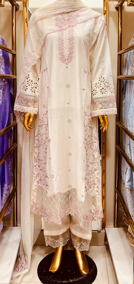 Zaria Mist White – Embroidered Cotton 3-Piece Suit with Chiffon Dupatta