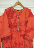 Orange embroidered traditional outfit on a hanger against a white wall