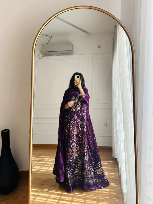 Luxury Purple Embroidered Formal Gown with Dupatta – Festive Wedding Wear