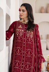 Mehroon Chiffon Gown 3 Piece – Embroidered Formal Maxi Dress with Dupatta | Wedding & Eid Wear Pakistan