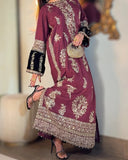 Maroon Embroidered Viscose Kaftan 2 Pcs