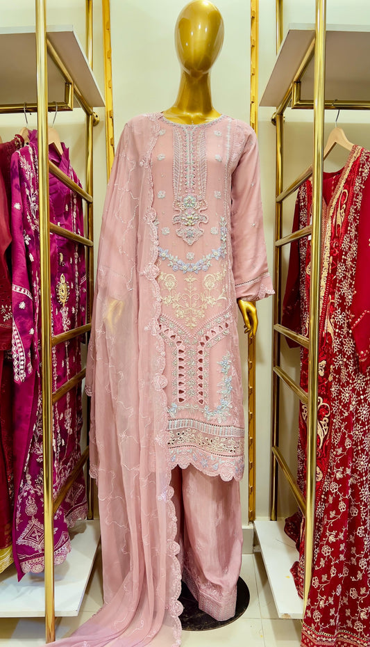 FE567 3Pcs Embroidered Chiffon Suit - Fabric Emporium Official