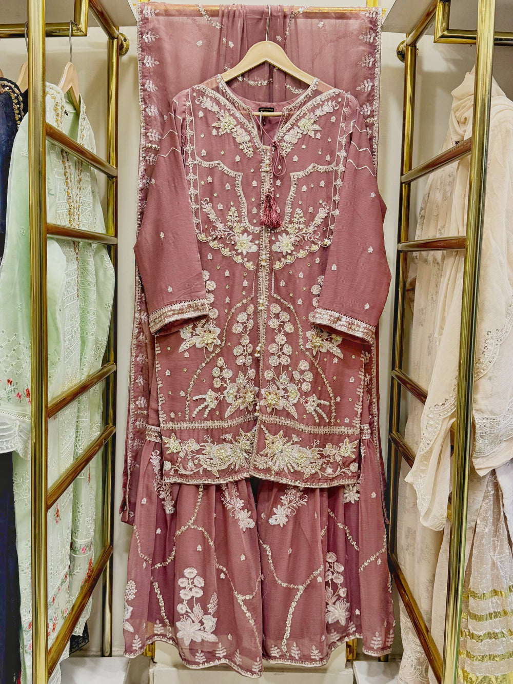 3Pcs Embroidered Chiffon Gharara - Fabric Emporium Official