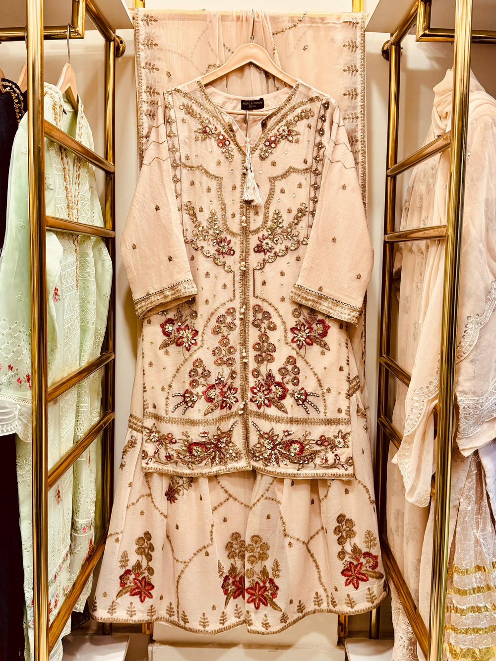 3Pcs Embroidered Chiffon Gharara - Fabric Emporium Official