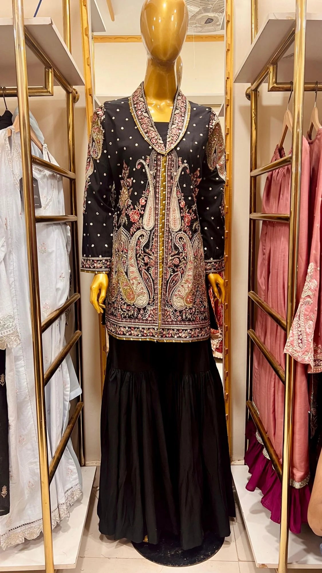 Black Embroided Viscose Shirt with Gharara 2 Pc