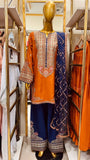 Burnt Orange & Navy Embroidered 3 Piece Suit for Mehndi & Dawat