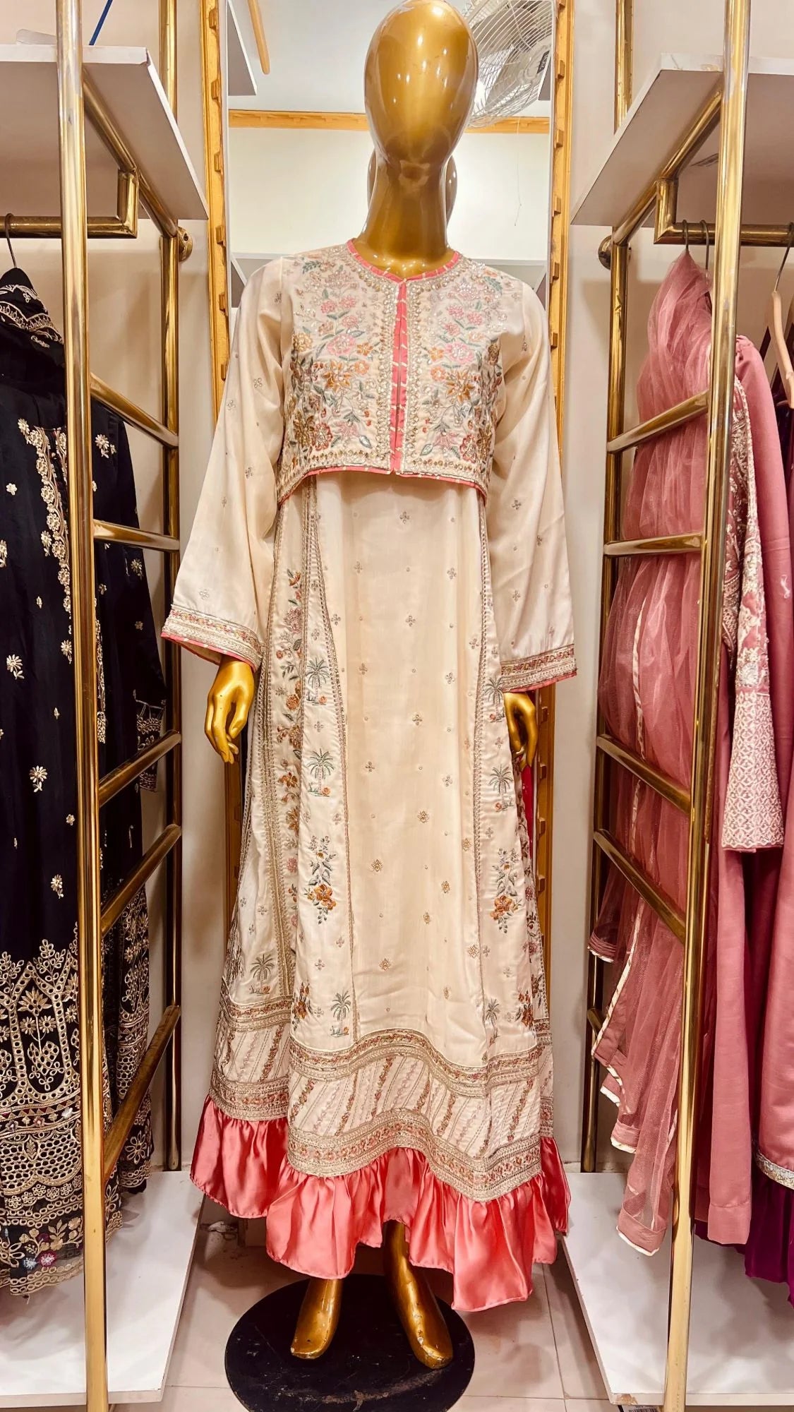 Ivory Embroidered 2 Piece Pishwas with Pink Satin Frill