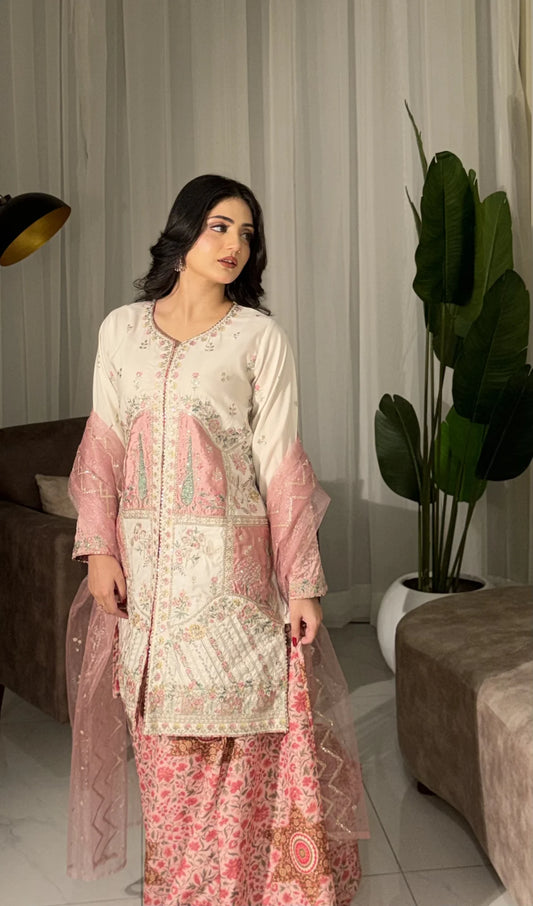 Ivory Embroidered 3 Piece Suit with Pink Satin Applique and Printed Plazo