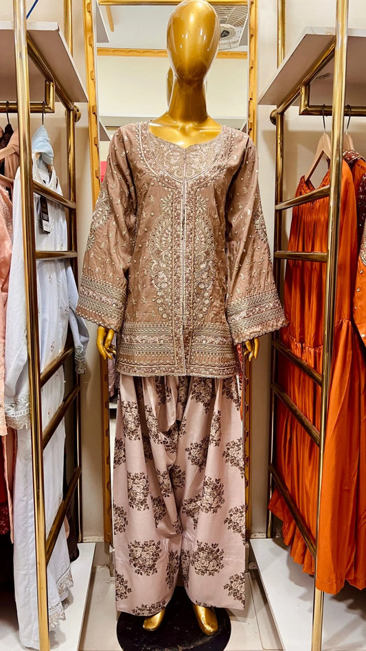 Mocha Embroidered 2 Piece Suit with Printed Shalwar