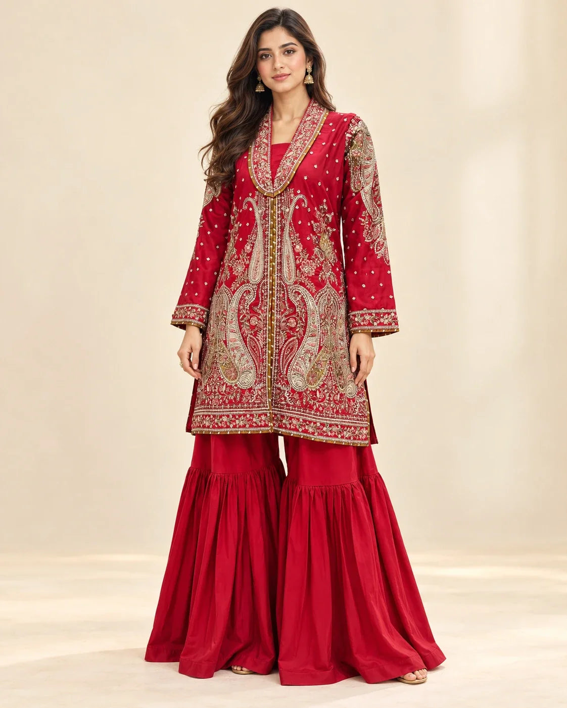 Red Embroidered Viscose Shirt with Gharara 2 Pc